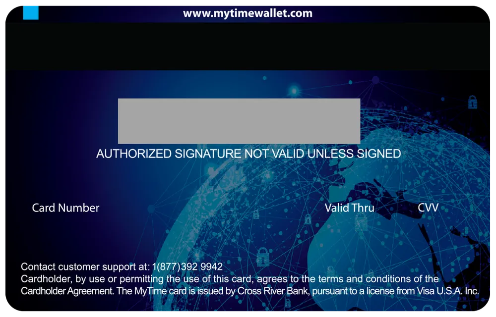 The back of the MyTime Wallet Visa debit card.
