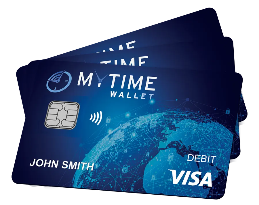 Three MyTime Wallet debit cards fanned out.