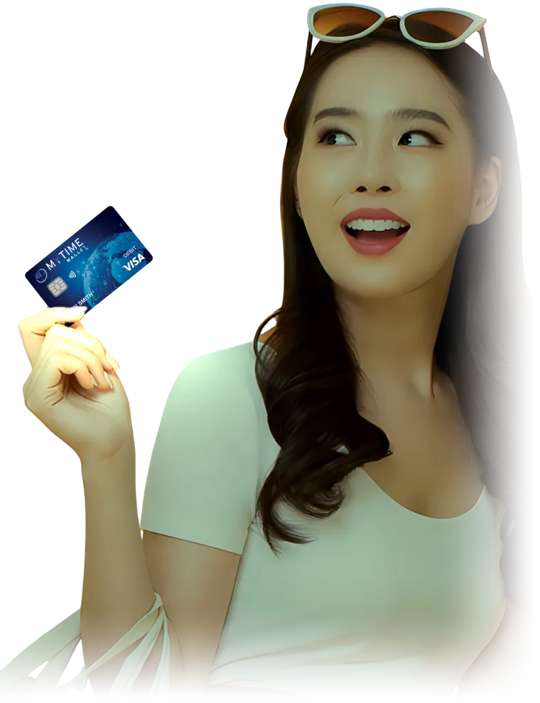 A woman holding up a MyTime Wallet debit card.